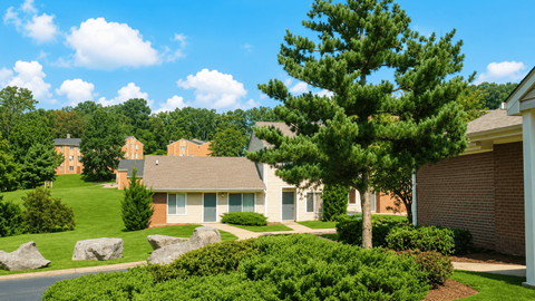 A residential area with houses and greenery.