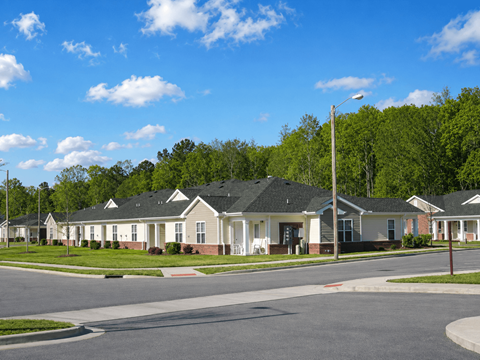 A row of houses with a street in front.