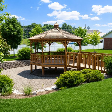 A wooden gazebo is surrounded by a gravel garden.