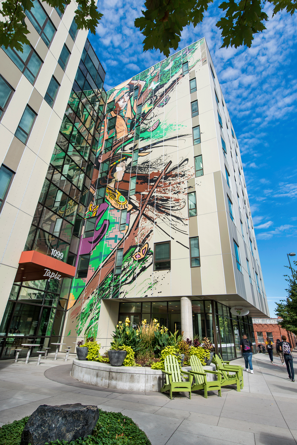 a large building with a mural on the side of it