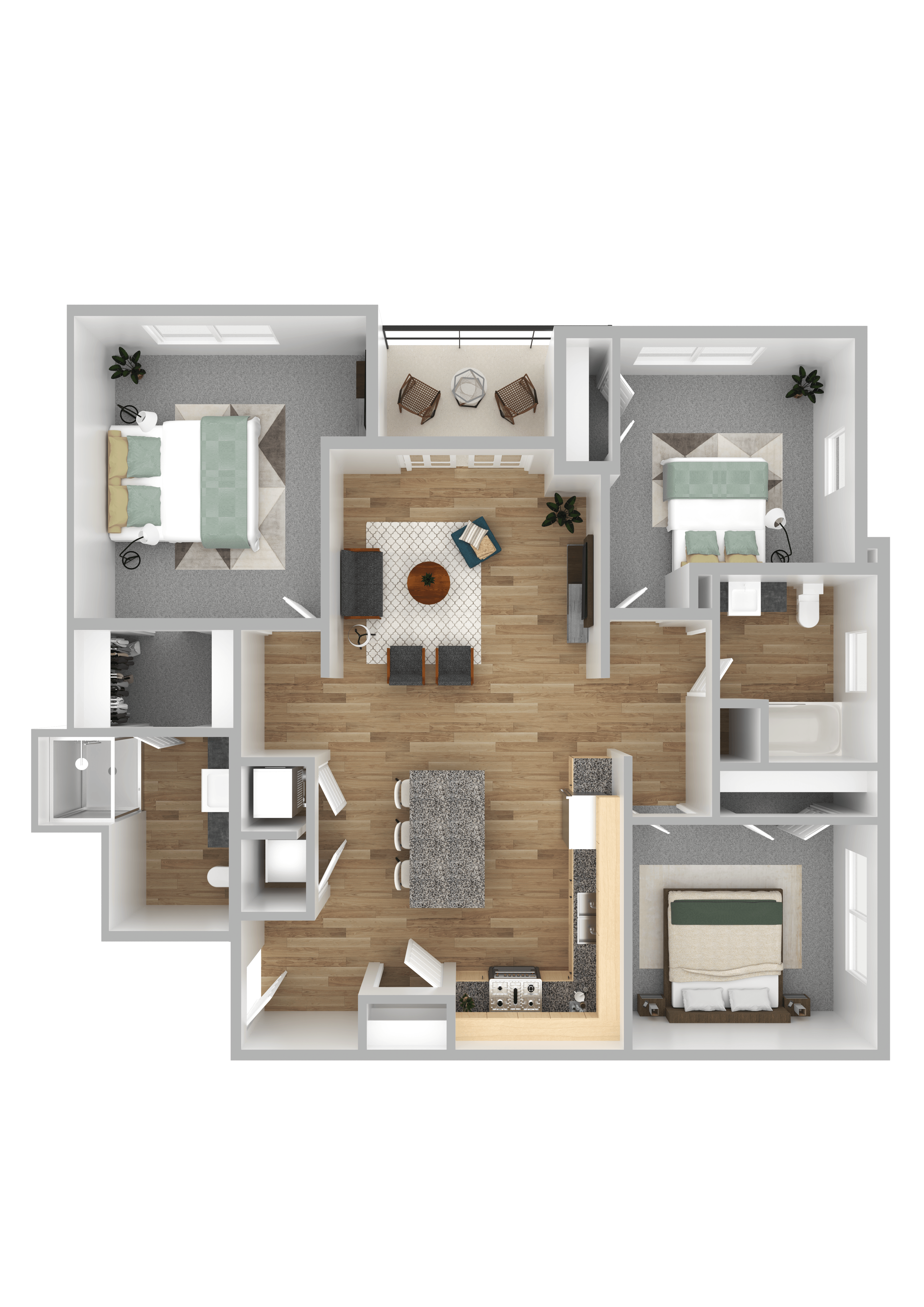 A 3D floor plan of a house with a living room, kitchen, dining room, and bedrooms.