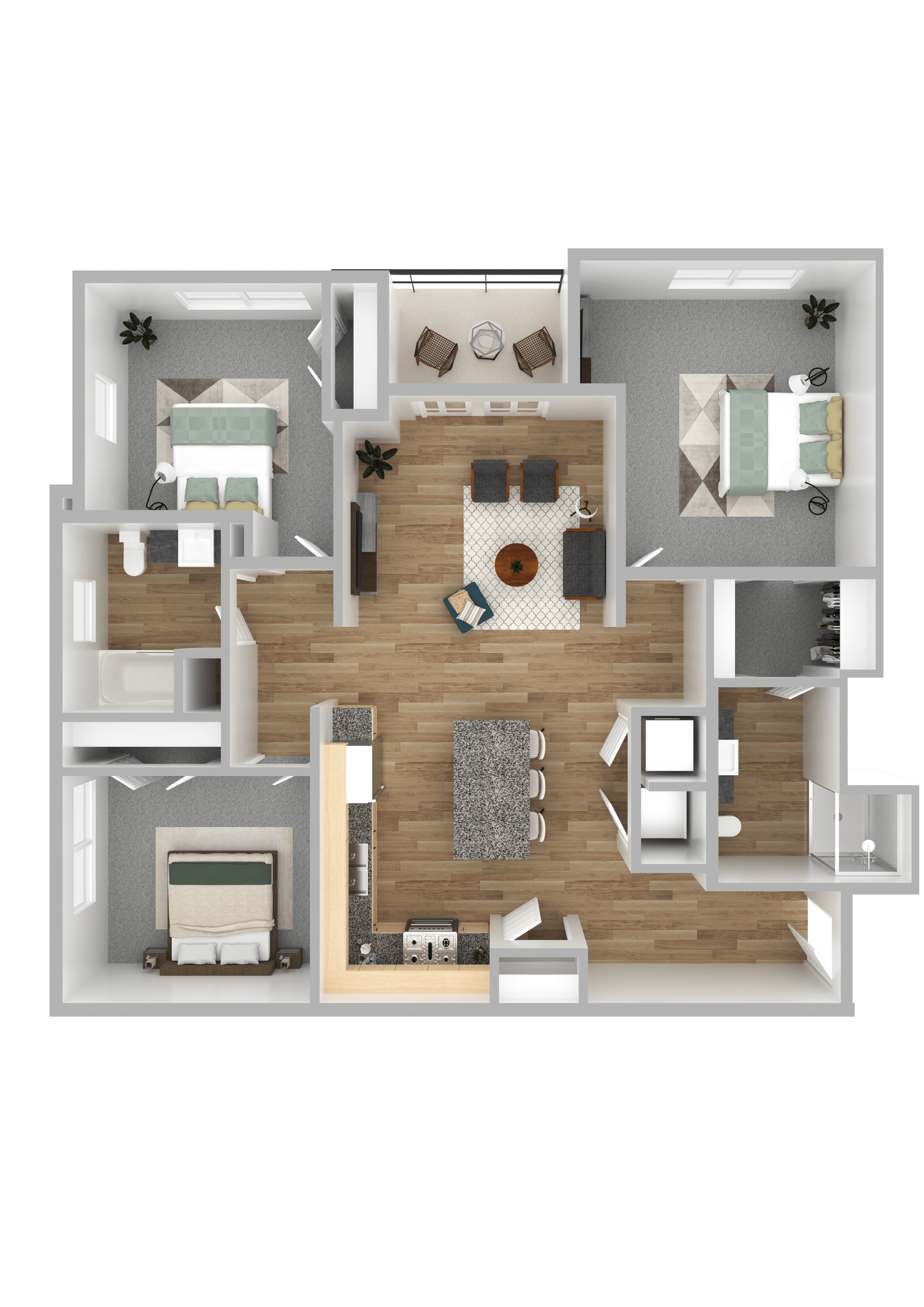 A 3D floor plan of a house with a living room, kitchen, dining room, and bedrooms.