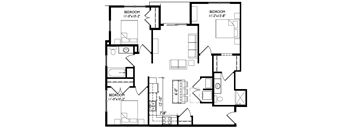 A black and white image of a floor plan for a house with three bedrooms.