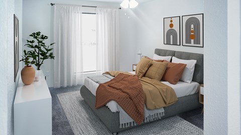 A bedroom with a bed, a plant, and two framed pictures on the wall.