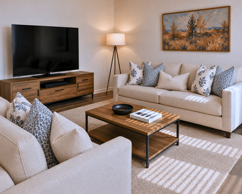 A living room with a white couch, a wooden coffee table, and a painting on the wall.