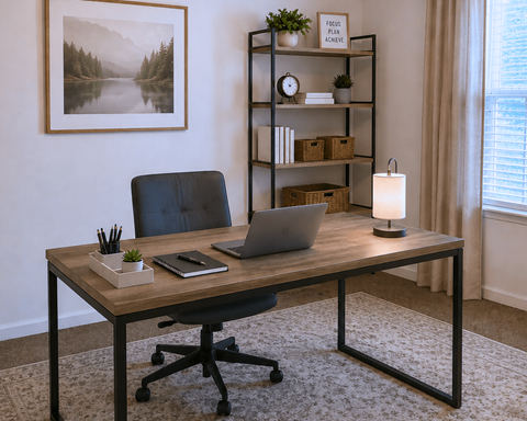 A modern home office with a wooden desk, black chair, and a framed landscape picture on the wall.