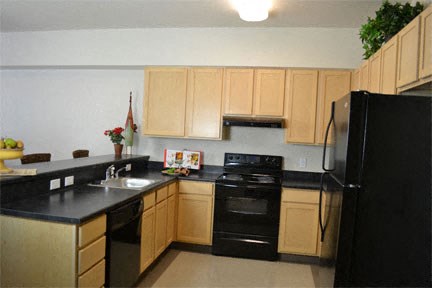 a kitchen with black appliances and wooden cabinets