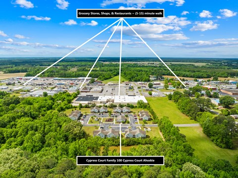 An aerial view of a residential area with a label pointing to a house named Cypress Court Family 100.