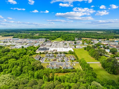 A bird's eye view of a residential area surrounded by greenery.