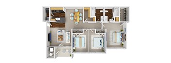 A floor plan of a house with a kitchen, living room, dining room, and bedrooms.