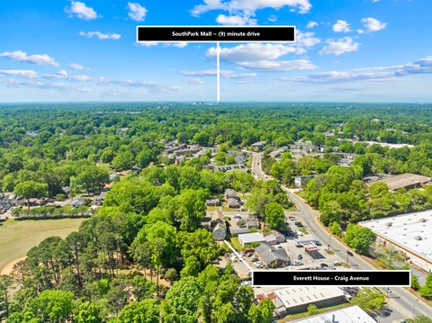 A bird's eye view of a residential area with a clear sky and trees.