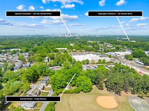 An aerial view of a city with a baseball field and three locations labeled.