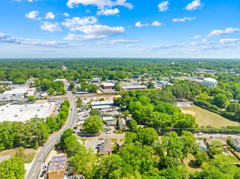 A bird's eye view of a town with a mix of greenery and buildings.