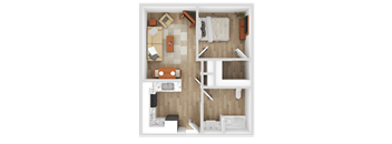 A top-down view of a living room with a couch, coffee table, and a television.
