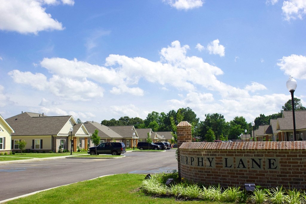 a brick sign that reads epiphany lane in front of houses