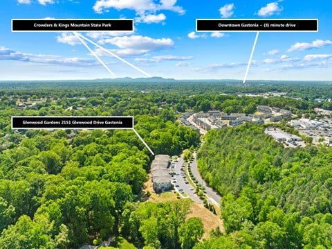 An aerial view of a wooded area with Crowders & Kings Mountain State Park, Glenwood Gardens, and Downtown Gastonia marked.