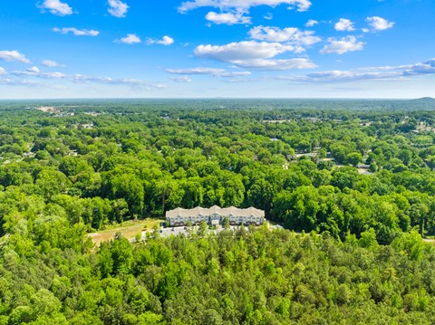A bird's eye view of a large green forest with a few buildings in the distance.