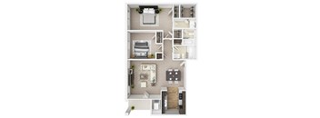 A floor plan of a small apartment with a bedroom, living room, kitchen, and bathroom.