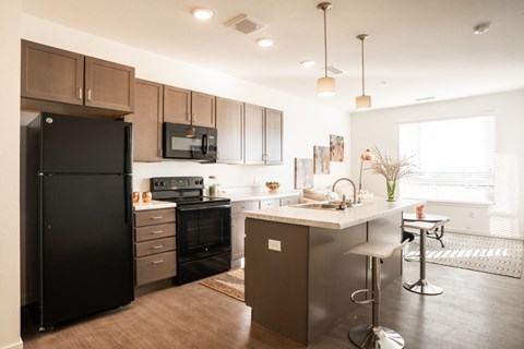 A modern kitchen with dark brown cabinets and appliances.