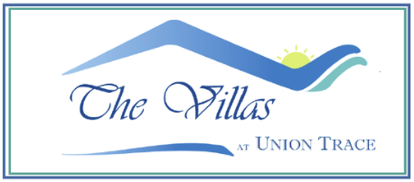 The image is a logo for "The Villas at Union Trace" with a stylized mountain and sun design.