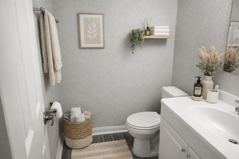 A bathroom with a toilet, sink, and a mirror.
