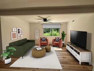 a living room with a green couch and a tv