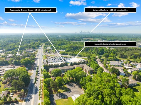 An aerial view of a neighborhood with a road and greenery.