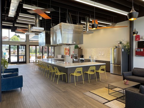 A modern kitchen with a long island and yellow chairs.