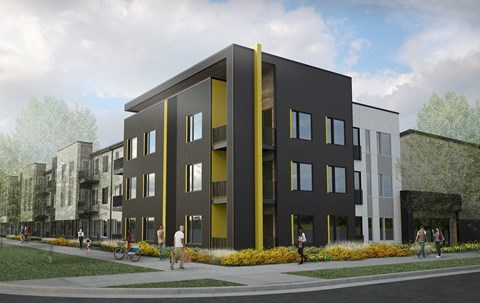 a rendering of a black and yellow building with people walking on a sidewalk