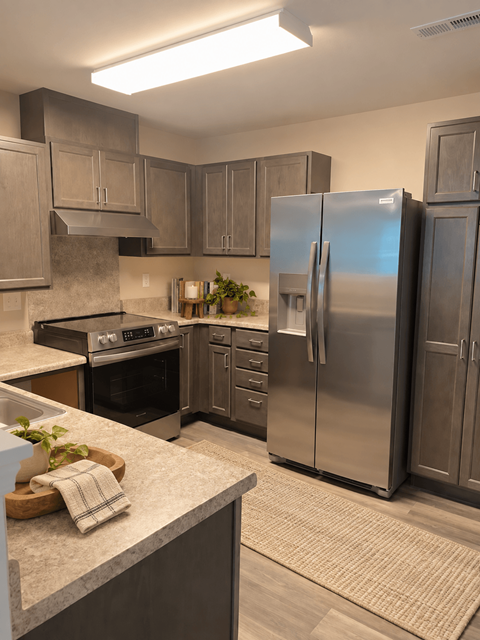 A modern kitchen with stainless steel appliances and wooden cabinets.
