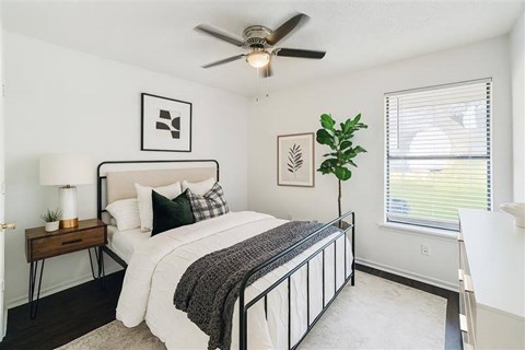 A bedroom with a bed, a ceiling fan, and a window with blinds.