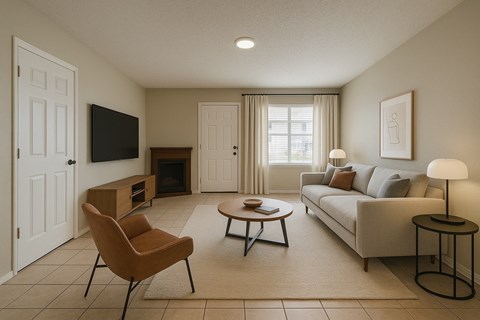 A living room with a brown chair and a white couch.