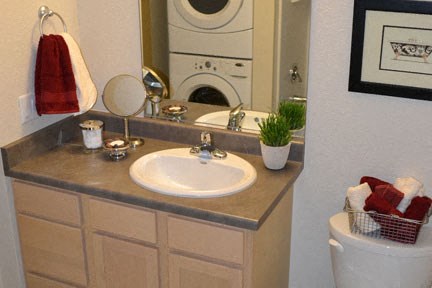 a bathroom with a sink and a washing machine