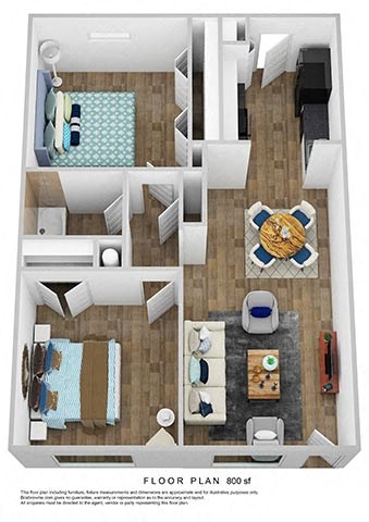 2 bed 1 bath floor plan at Azure Place Apartments, Memphis, Tennessee