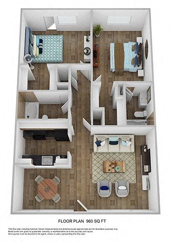 2 bed 2 bath floor plan A at Azure Place Apartments, Tennessee