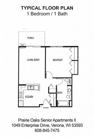 1 bedroom, 1 bathroom floorplan