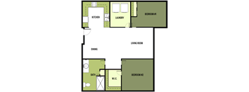 A floor plan of a living space with two bedrooms, a laundry room, and a kitchen.