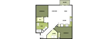 A floor plan of a house with a balcony, two bedrooms, a living room, a dining area, a kitchen, a bathroom, and a laundry room.