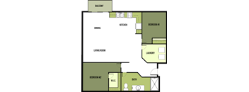 A floor plan of a house with a balcony, two bedrooms, a living room, a kitchen, a dining area, a bathroom, and a laundry room.