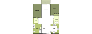 A floor plan of a house with two bedrooms, a living room, a dining room, a kitchen, a bathroom, and a laundry room.