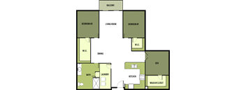 A floor plan of a house with a balcony, two bedrooms, a living room, a dining area, a kitchen, a bathroom, a laundry room, and a walk-in closet.