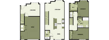 A floor plan of a house with three bedrooms, a garage, and a dining area.