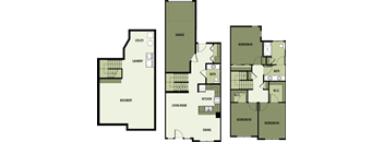 A floor plan of a house with three bedrooms, a garage, a living room, a dining area, a kitchen, a laundry room, a bathroom, a basement, and a utility room.
