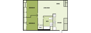 A floor plan of a small apartment with two bedrooms, a living room, a kitchen, a bathroom, and a dining area.