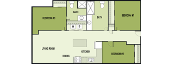 A floor plan of a house with three bedrooms, a living room, a dining area, a kitchen, and two bathrooms.