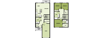 A floor plan of a house with a porch, three bedrooms, a living room, a kitchen, a dining area, a utility room, a covered patio, and a garage.