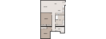 A floor plan of a small apartment with two bedrooms, a living room, a kitchen, a dining area, and a bathroom.