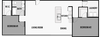 A floor plan of a small apartment with two bedrooms, a living room, a dining area, a kitchen, a bathroom, and a washer and dryer.