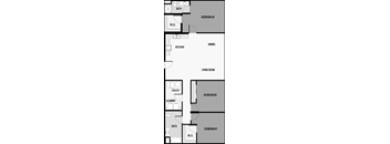 A floor plan of a house with three bedrooms, a living room, a kitchen, a dining area, a laundry room, and a bathroom.