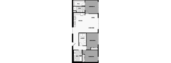 A floor plan of a two bedroom apartment with a living room, kitchen, and bathroom.